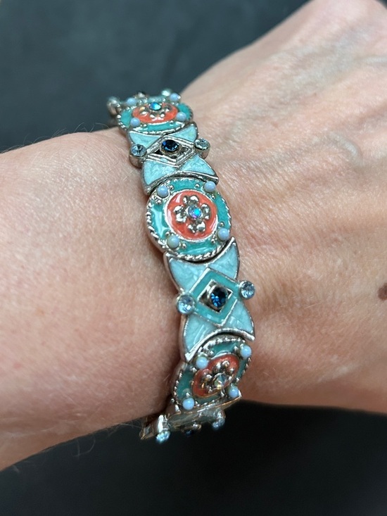 Hand Crafted Jewelry - Art Deco styleTurquoise and Coral Enamel Link Bracelet